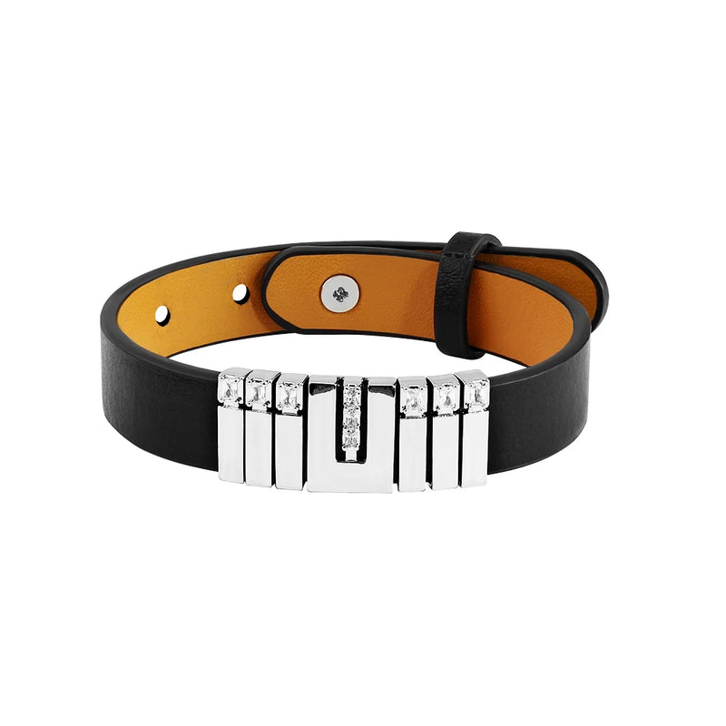 Pulseira personalizável masculina em couro com pingentes brilhantes - Grave o nome da sua família