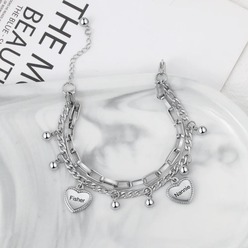 Pulseira corações eternizados personalizável com berloques - Em aço inoxidável - Nomes Gravados a laser