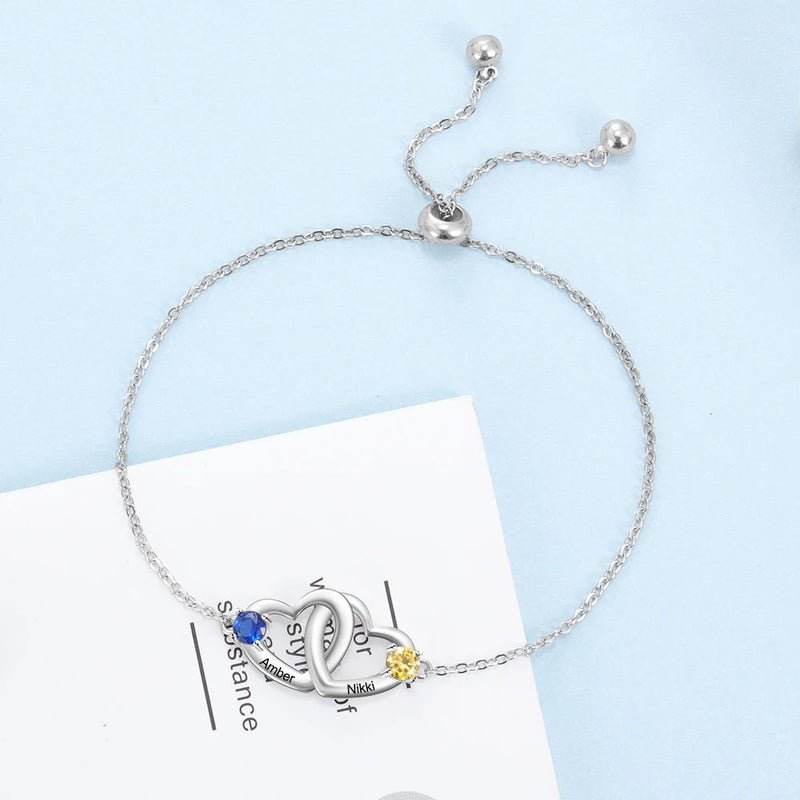 Pulseira Corações interligados Personalizável - Em aço inoxidável - Nomes Gravados a Laser