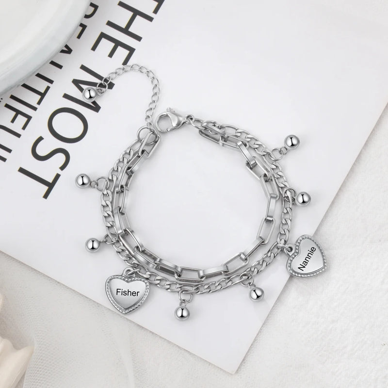 Pulseira corações eternizados personalizável com berloques - Em aço inoxidável - Nomes Gravados a laser