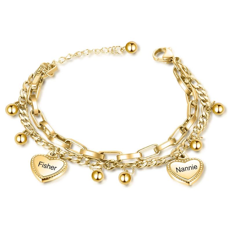 Pulseira corações eternizados personalizável com berloques - Em aço inoxidável - Nomes Gravados a laser