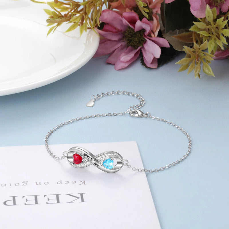 Pulseira Infinito cravejada Personalizável - Em prata s925 com pedras em zircônia - Nomes Gravados a Laser