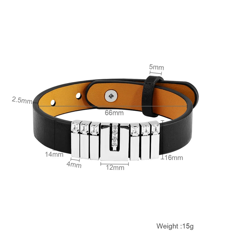 Pulseira personalizável masculina em couro com pingentes brilhantes - Grave o nome da sua família