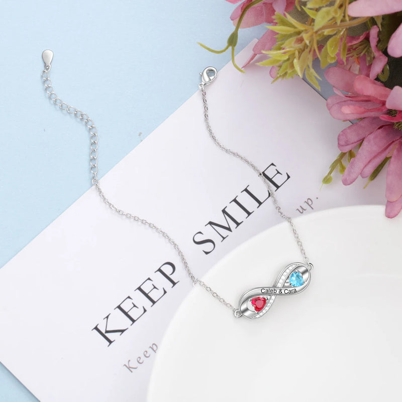 Pulseira Infinito cravejada Personalizável - Em prata s925 com pedras em zircônia - Nomes Gravados a Laser
