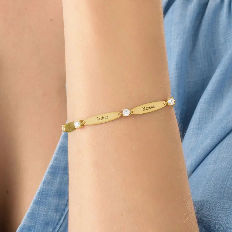 Pulseira com nome da família personalizado com pedras energéticas da paz - Em aço inoxidável