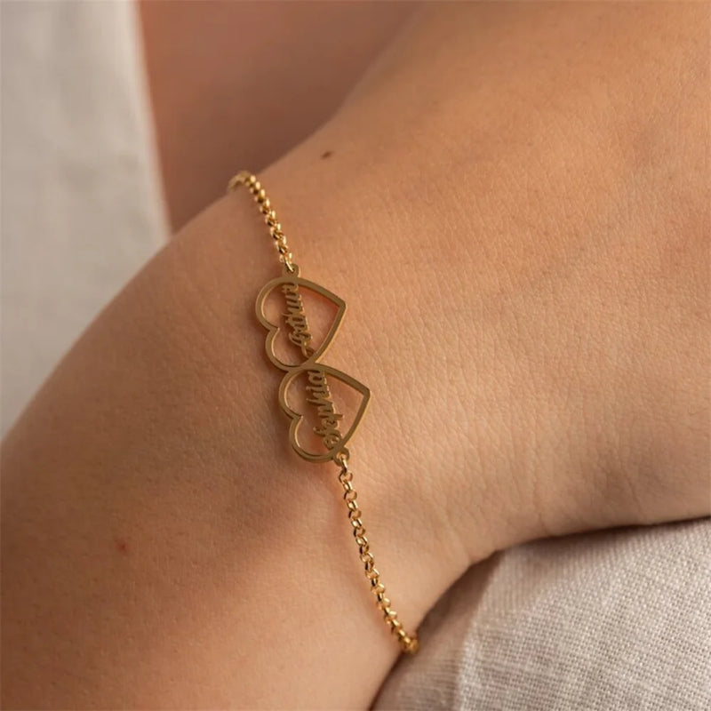 Pulseira com 2 corações personalizável - Grave o nome ou data nessa pulseira - Em aço inoxidável