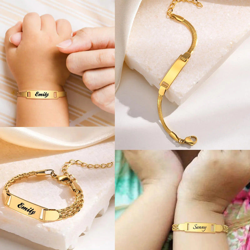 Pulseira infantil personalizada com nome ou data de nascimento - Em aço inoxidável  - Antialérgica.