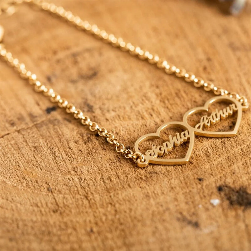 Pulseira com 2 corações personalizável - Grave o nome ou data nessa pulseira - Em aço inoxidável