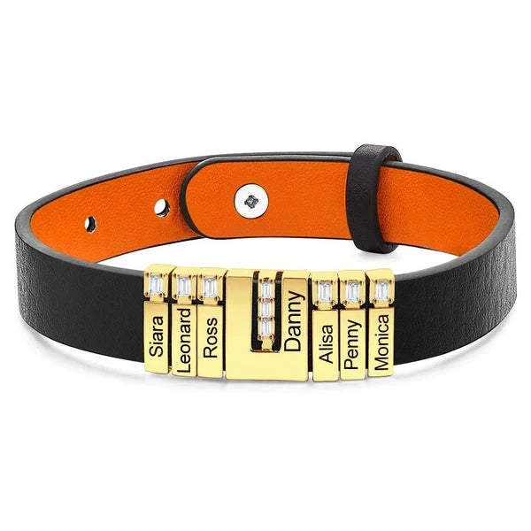 Pulseira personalizável masculina em couro com pingentes brilhantes - Grave o nome da sua família